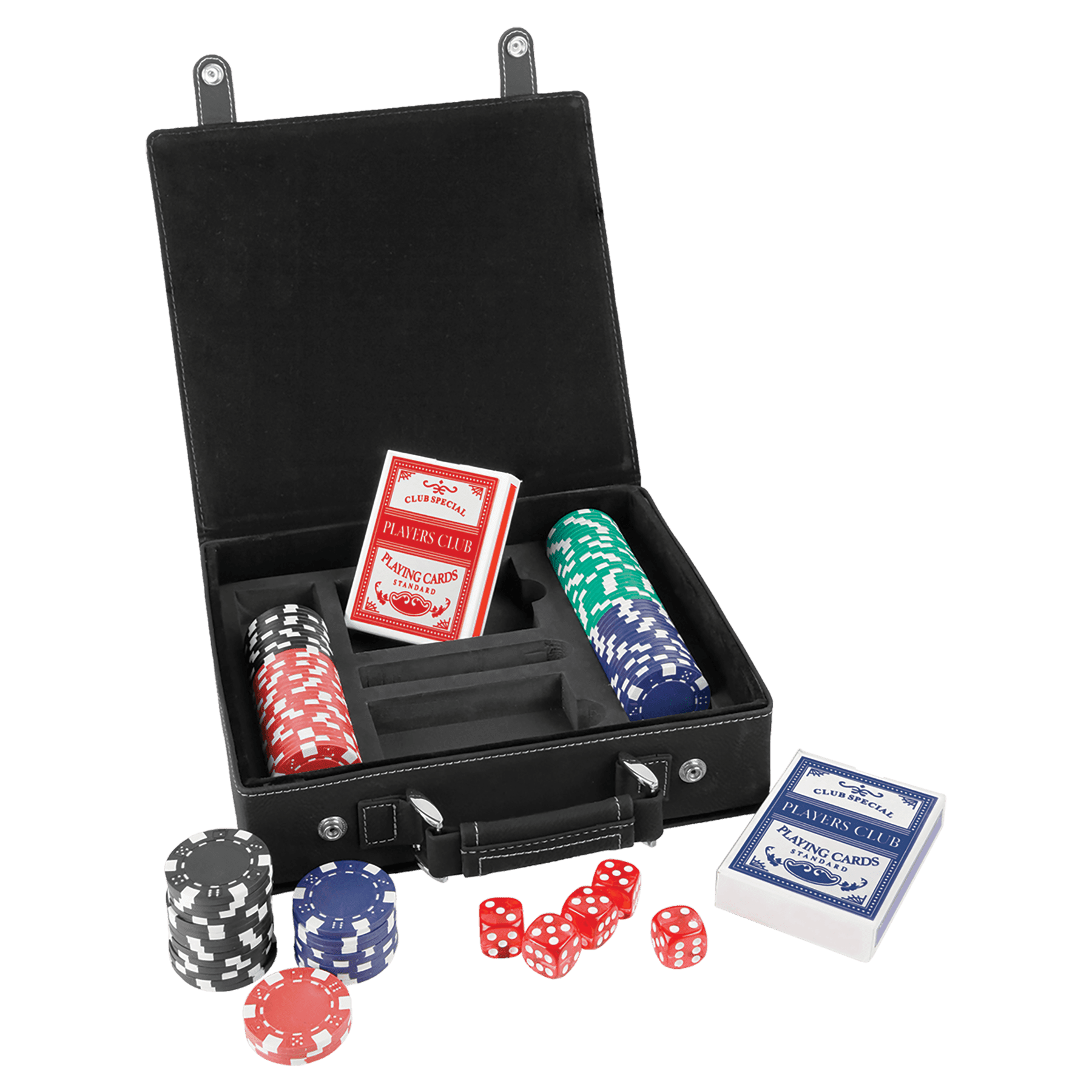 Laserbare poker-, kort- og terningsett i lær