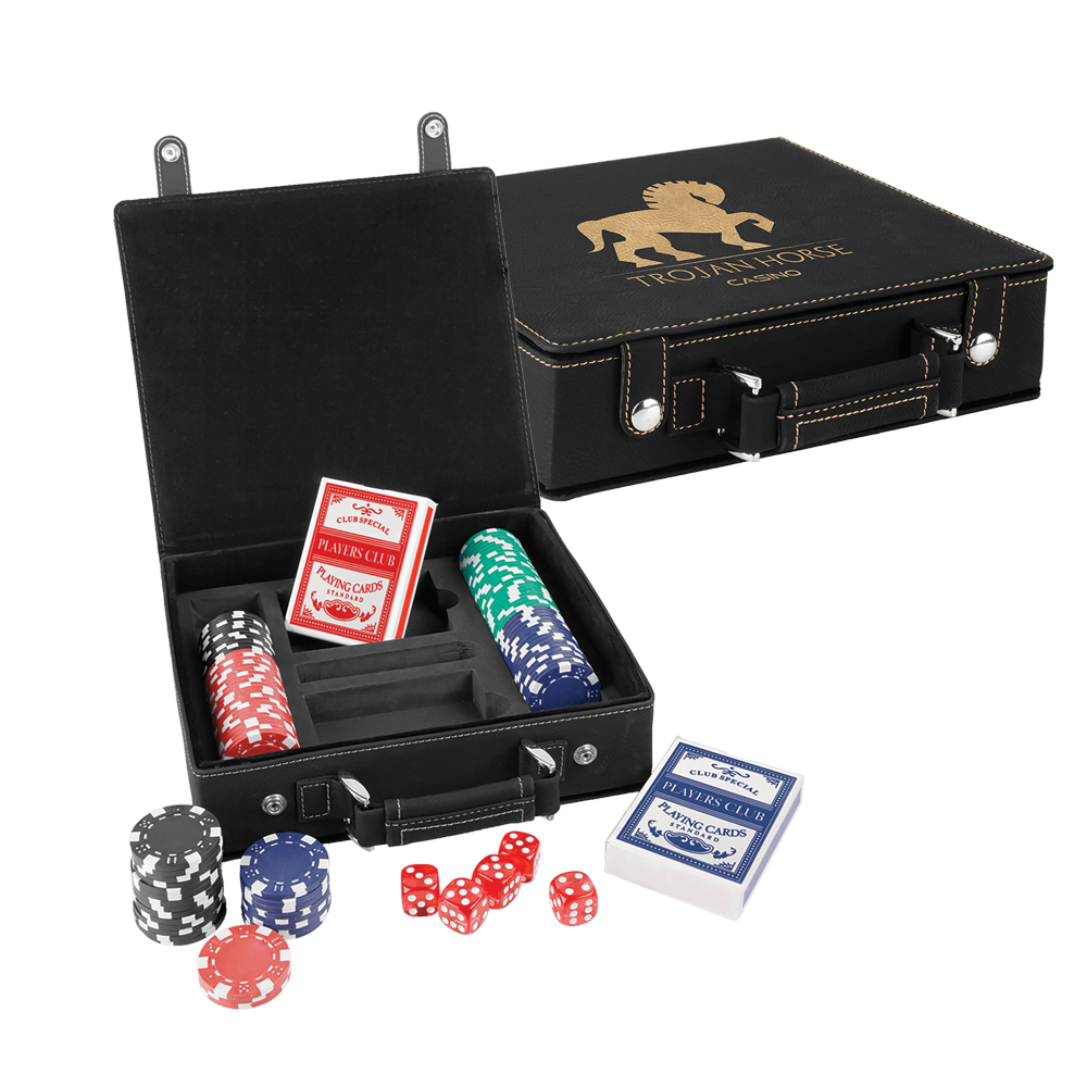 Laserbare poker-, kort- og terningsett i lær