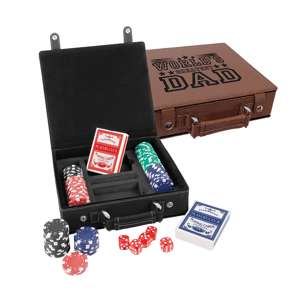 Laserbare poker-, kort- og terningsett i lær