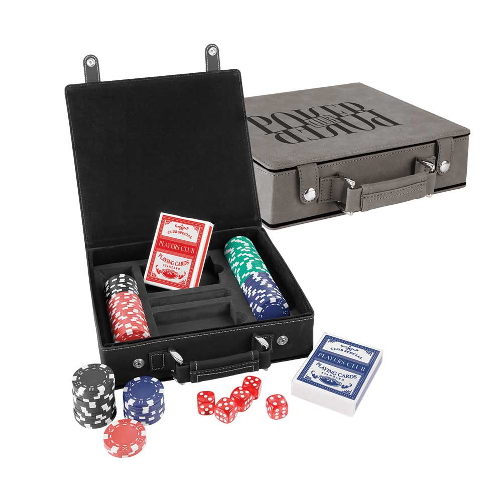 Laserbare poker-, kort- og terningsett i lær