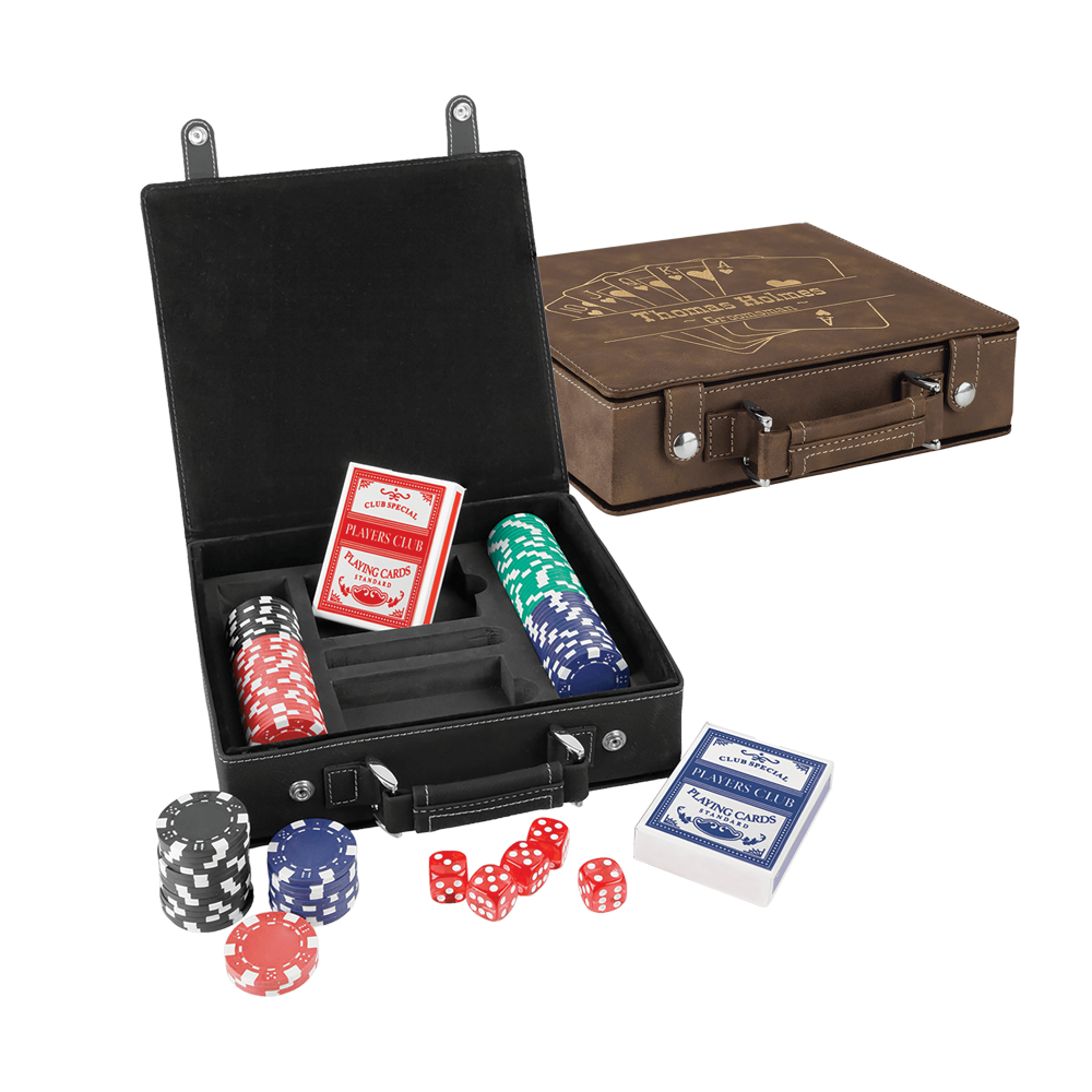 Laserbare poker-, kort- og terningsett i lær